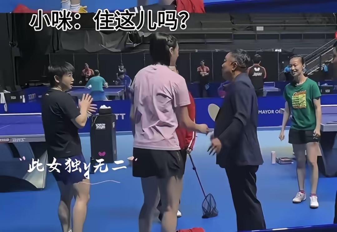 刘国梁亲临伦敦世乒赛训练场，看望全体参赛队员，当莎莎看到刘国梁主席时，一声“你住