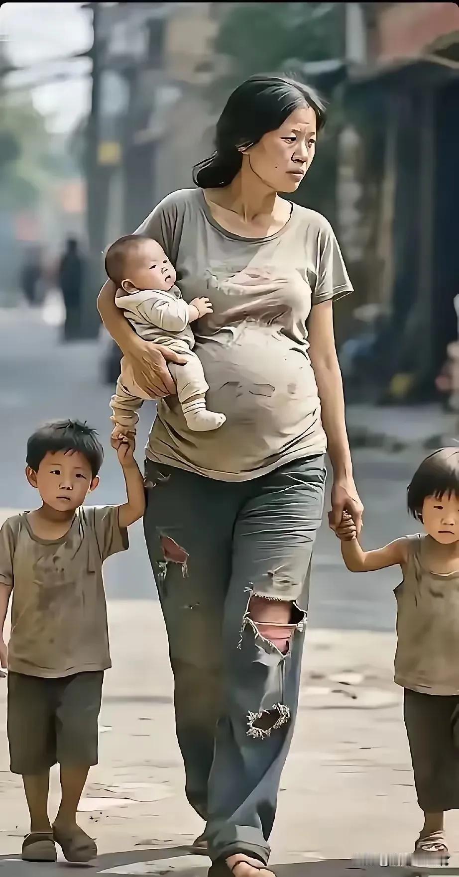 这个女人看上去不过30岁左右，但己是4个孩子的妈。尽管面容焦虑，衣衫褴褛，但也难