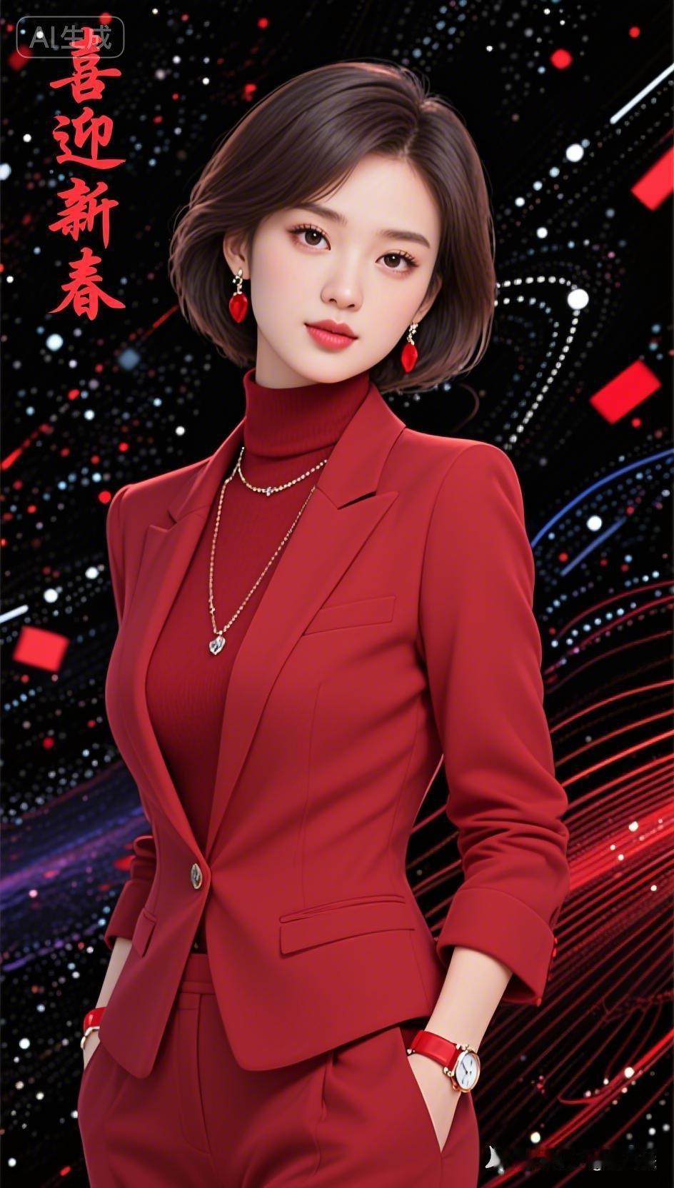 中国绝色佳人留利落深棕短发，红高领内搭配红西装，细红项链、耳环与红手表点缀，单手