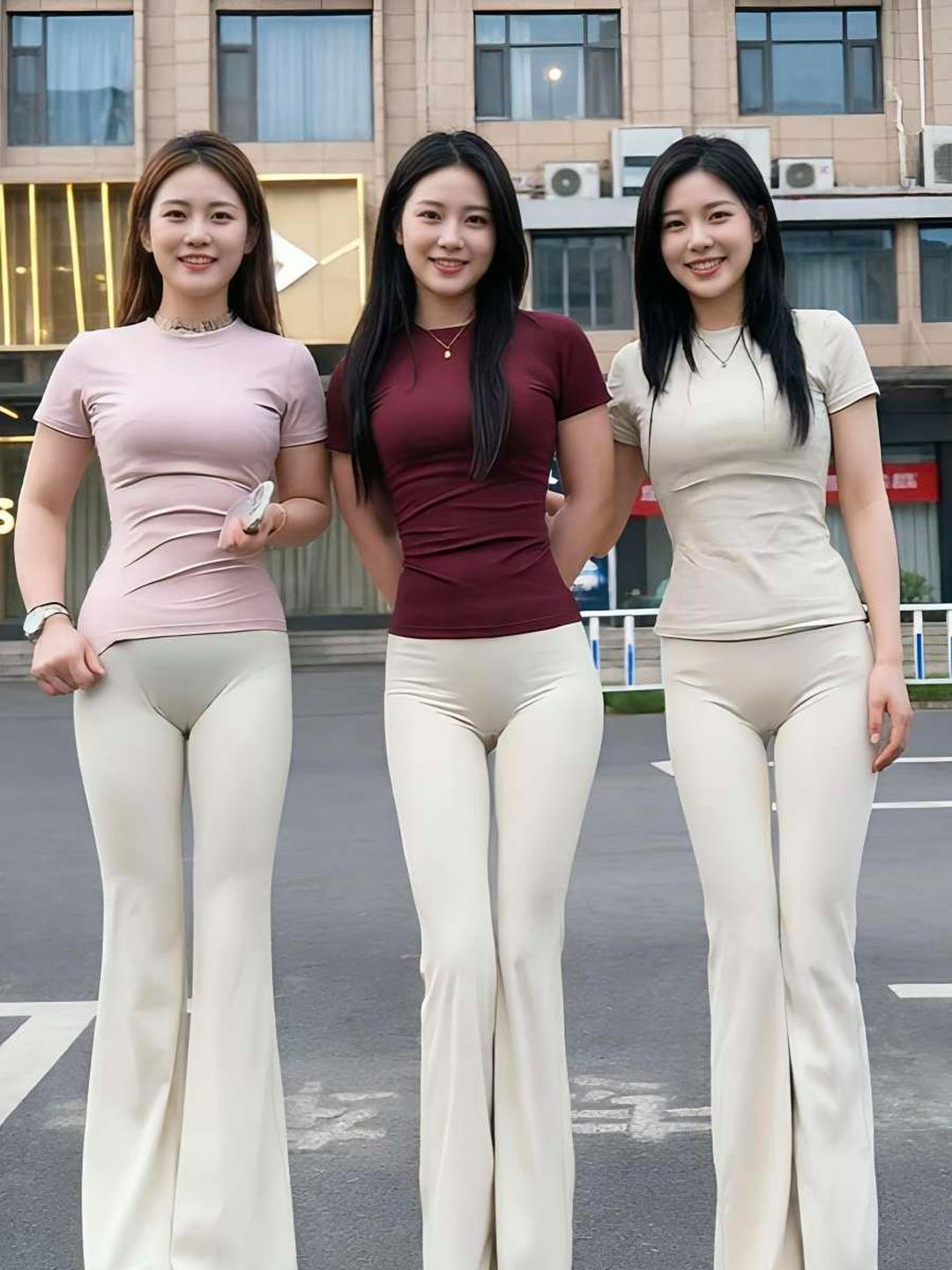 这张照片>整体视觉效果出色，三位女性并排站立，构图均衡，笑容自然亲切，充满青春活