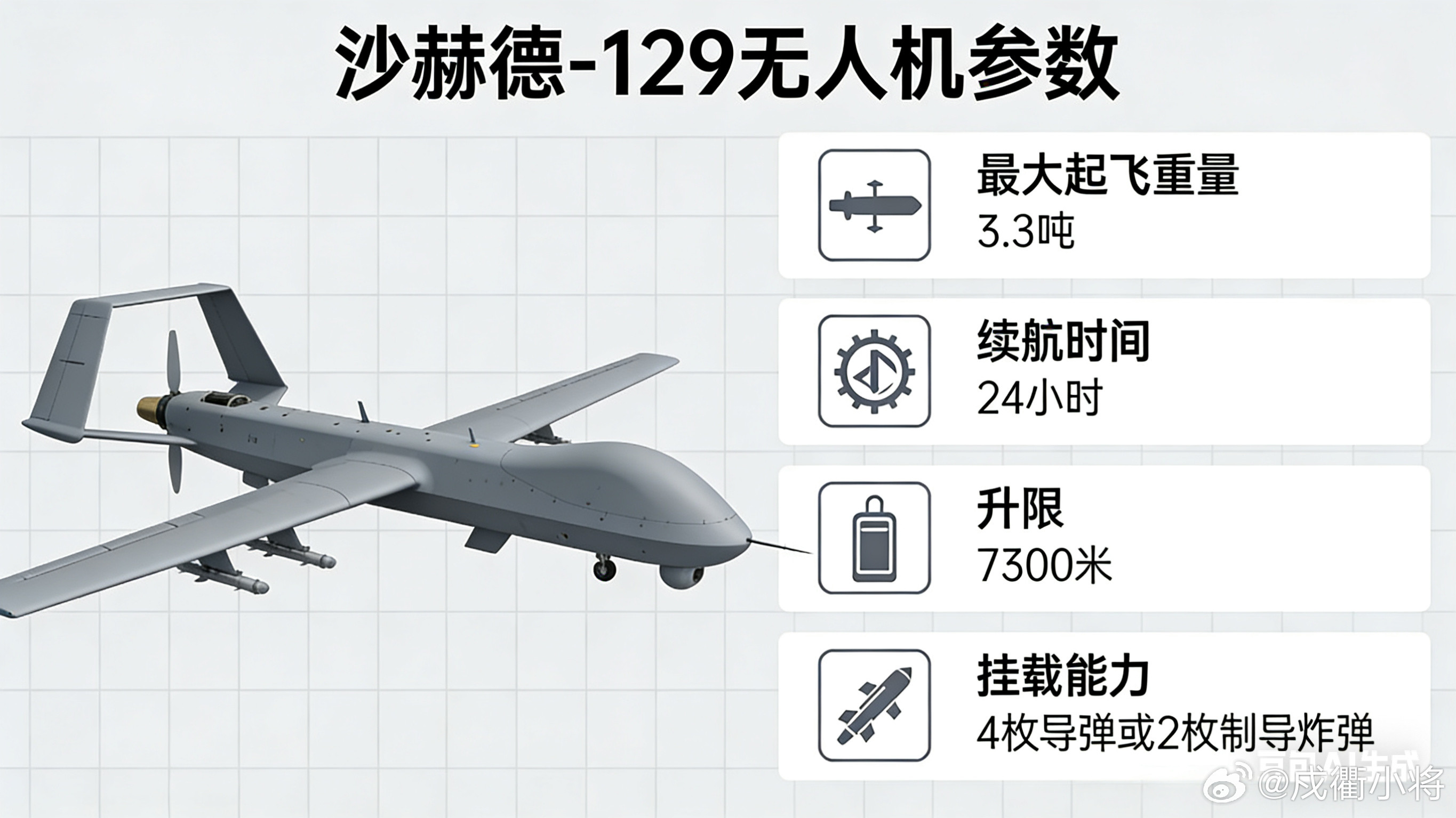 沙赫德-129是伊朗自主研发的中高空长航时察打一体无人机，具备全天候侦察、监视与
