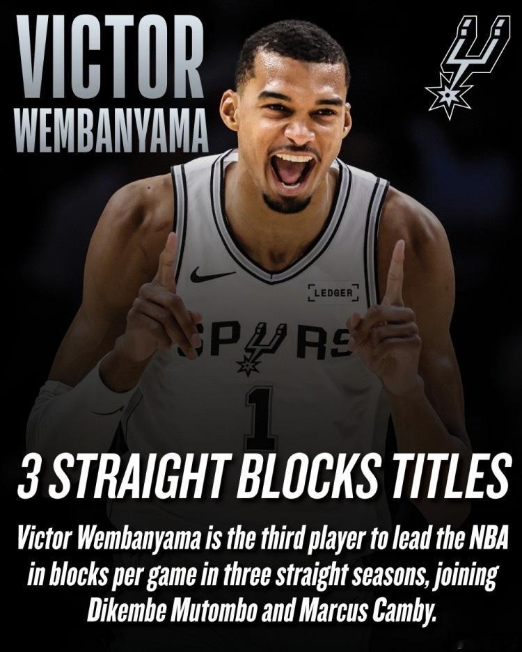 🔥文班亚马连续三季当选盖帽王NBA历史第三人&比肩穆大叔和坎比本赛季文班亚马