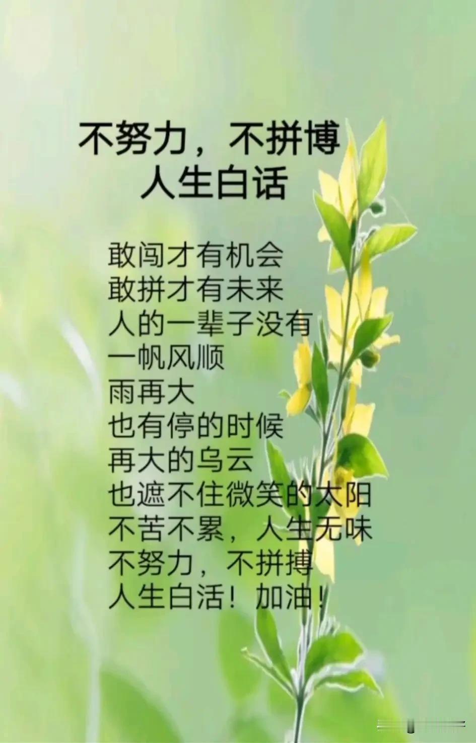 不苦不累，人生无味；不拼不博，人生白活。想，都是问题；做，才是答案。站着不动