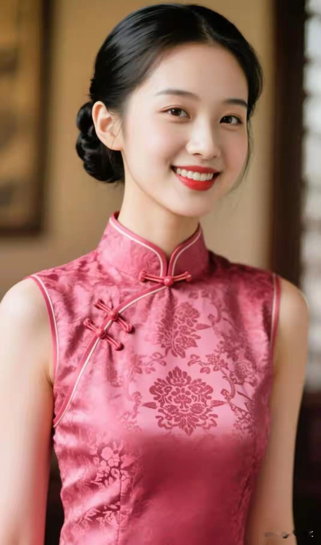 粉红丝绸，旗袍魅力出水芙蓉，鲜姿玉貌亭亭玉立。明艳动人出水芙蓉，天姿国色