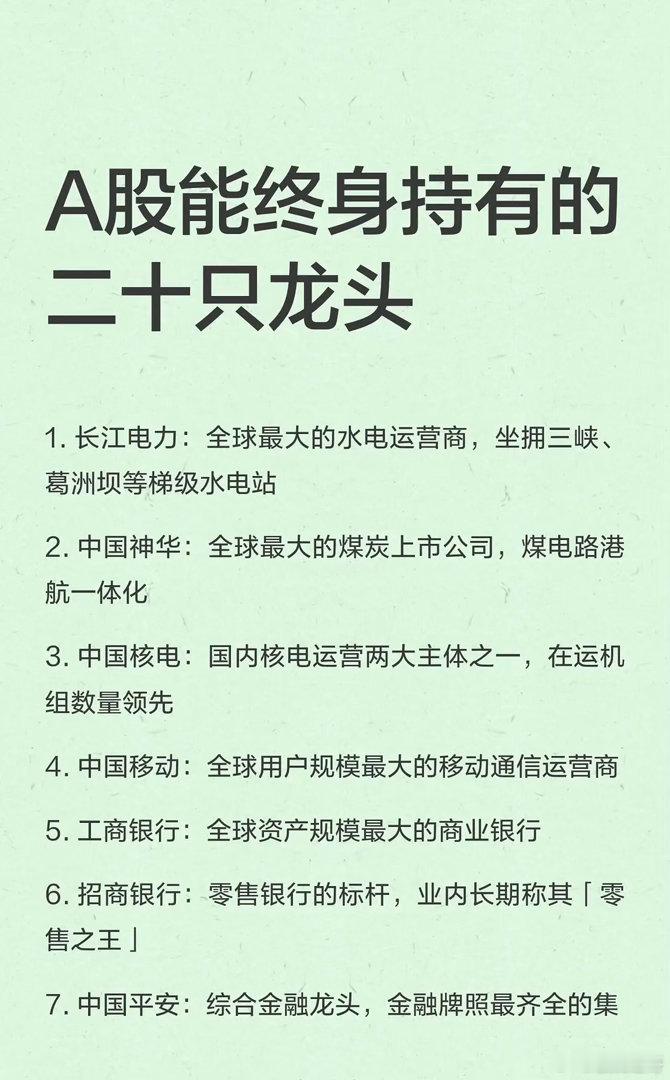 A股能终身持有的二十只龙头1.长江电力：全球最大的水电运营商，坐拥三峡、葛洲坝