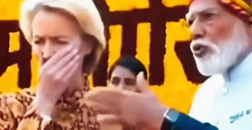 冯德莱恩和莫迪交流时，咋还捂着鼻子啊？冯德莱恩为啥要捂着鼻子呢？冯德莱恩难道