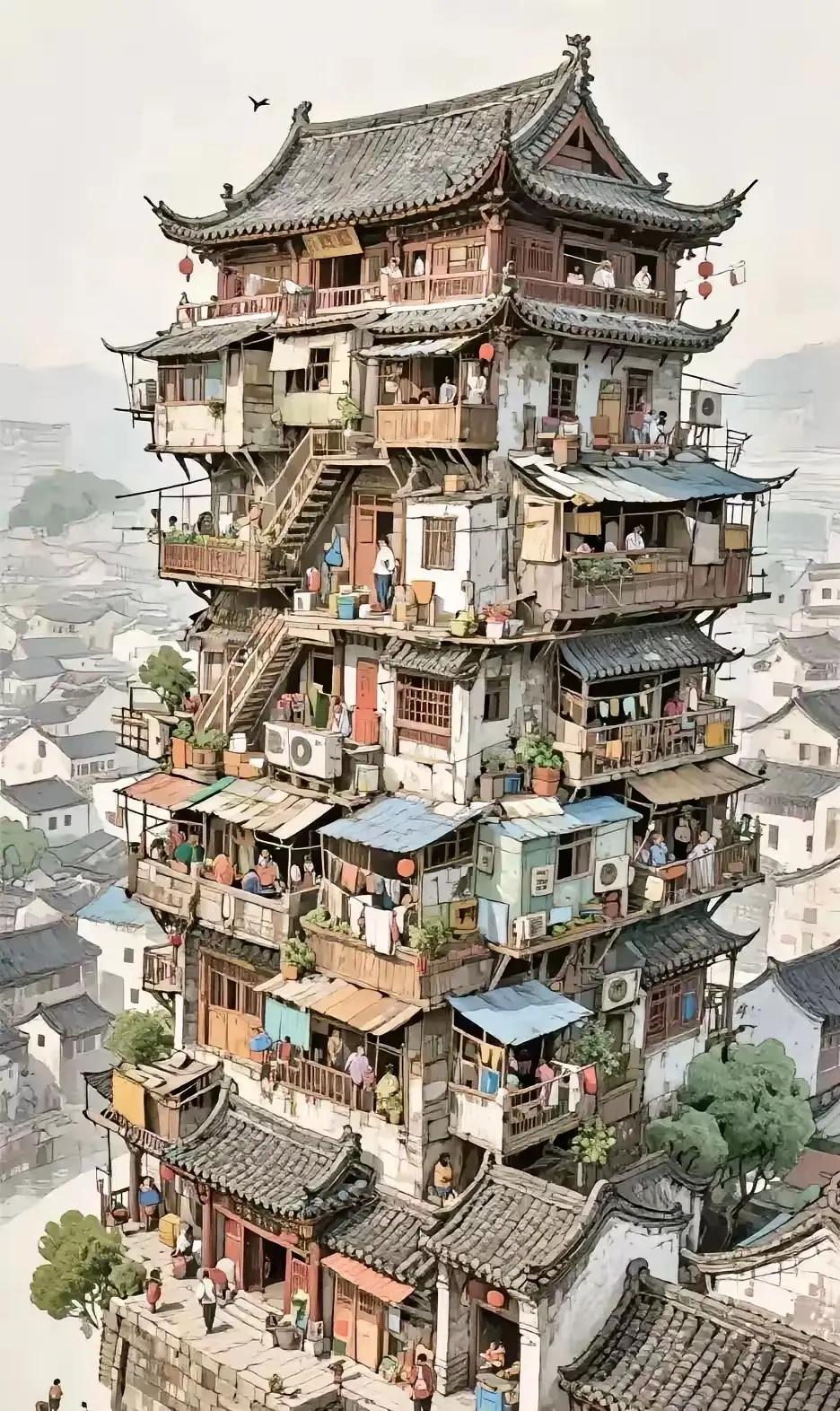 这是那个地方的古塔？开发商真牛，问题是木质结构，这么多的住家，一着火绝对没救。[