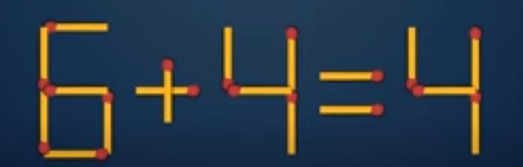 这是火柴棒拼出的“6+4=4”，正常算6加4该得10，可结果却是4，想想