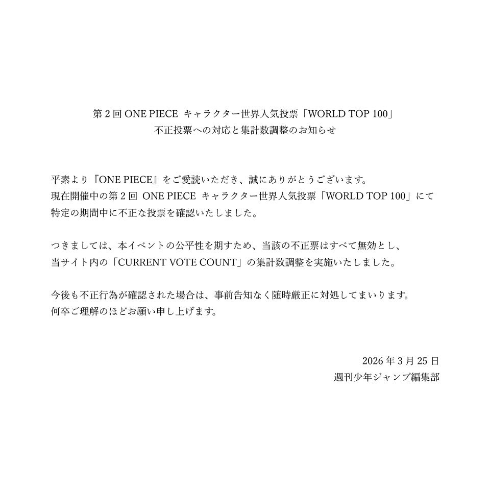 海贼王海贼王官方对于不公正投票做出了回应大概意思就是：感谢您一直以来对《ONE