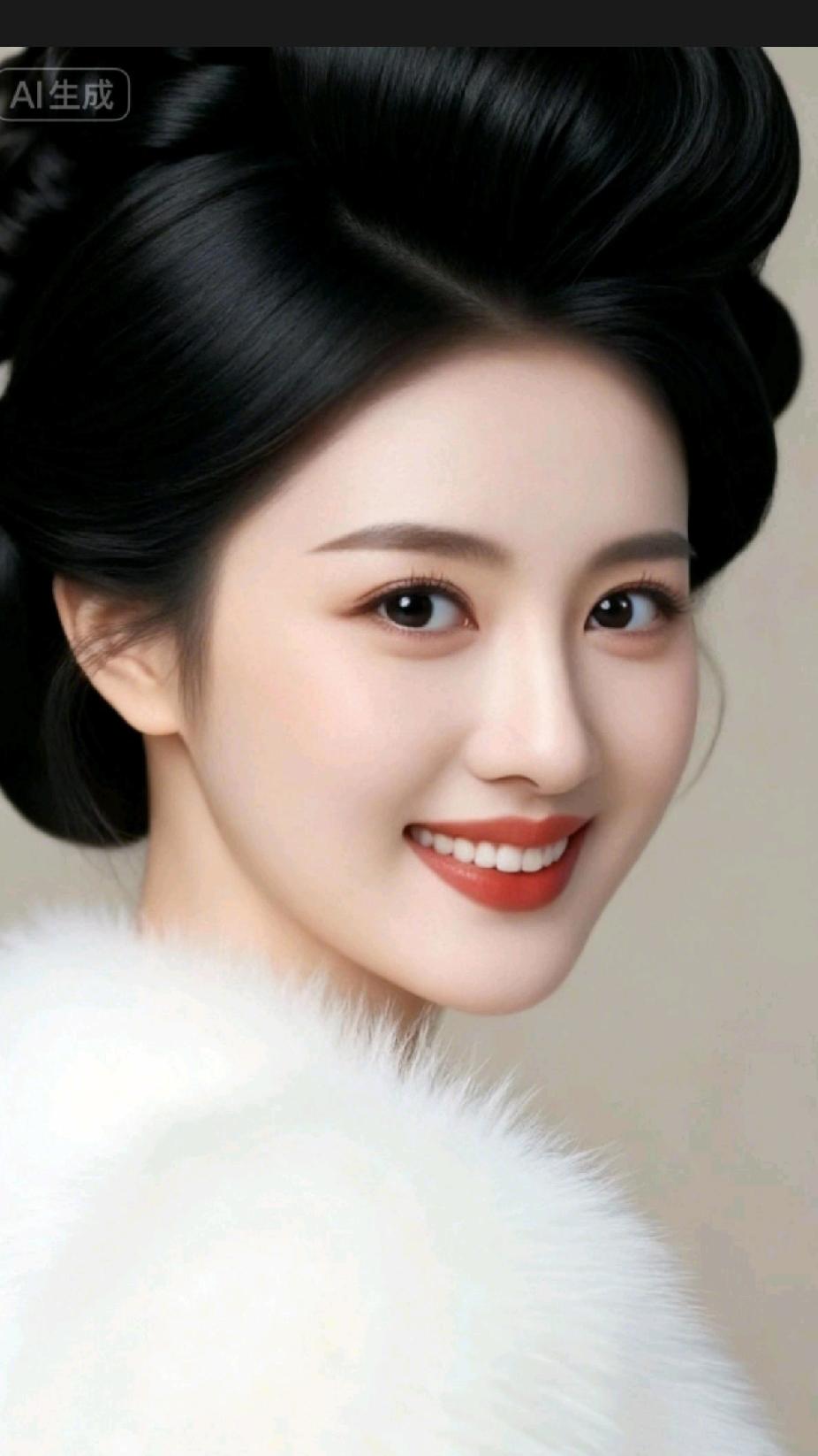 优雅黑发，甜美笑容，红唇白衣，气质非凡