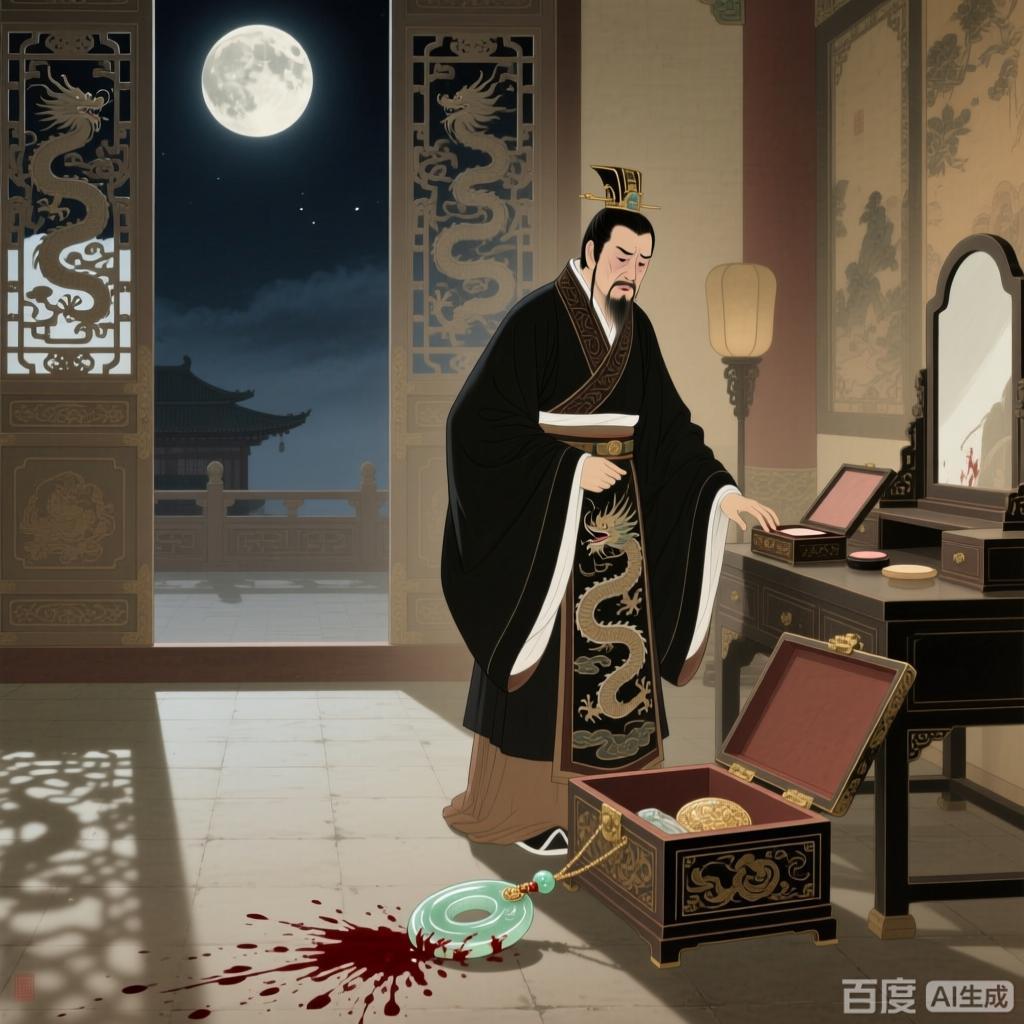 汉武帝在钩弋宫夜宿时，不慎碰翻妆奁，掉出一枚沾血的玉佩。他认出那是卫子夫的遗物，