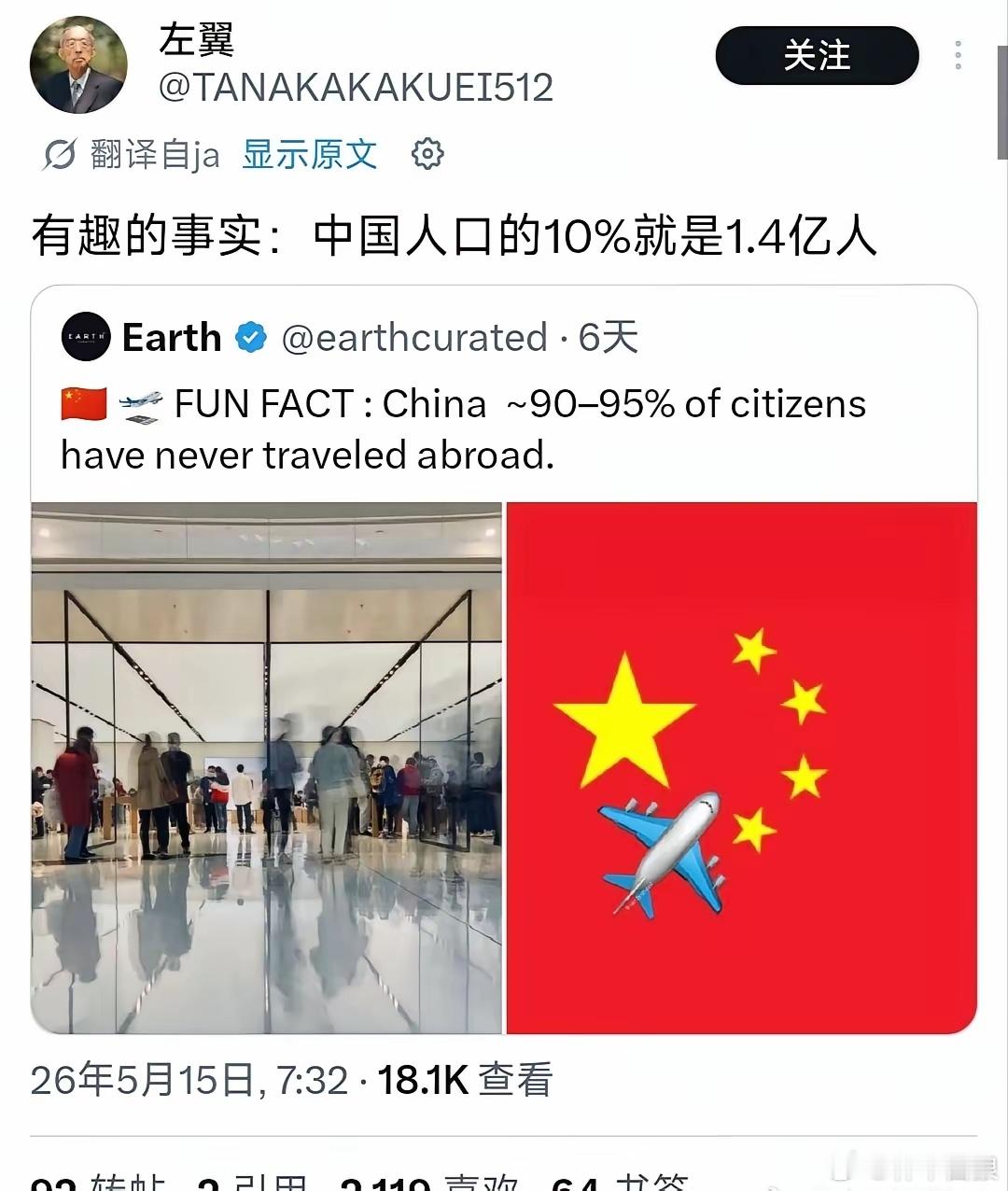 外网话题：90%-95%的中国公民从未出国旅行过。国外网友：因为他们国家什么都有