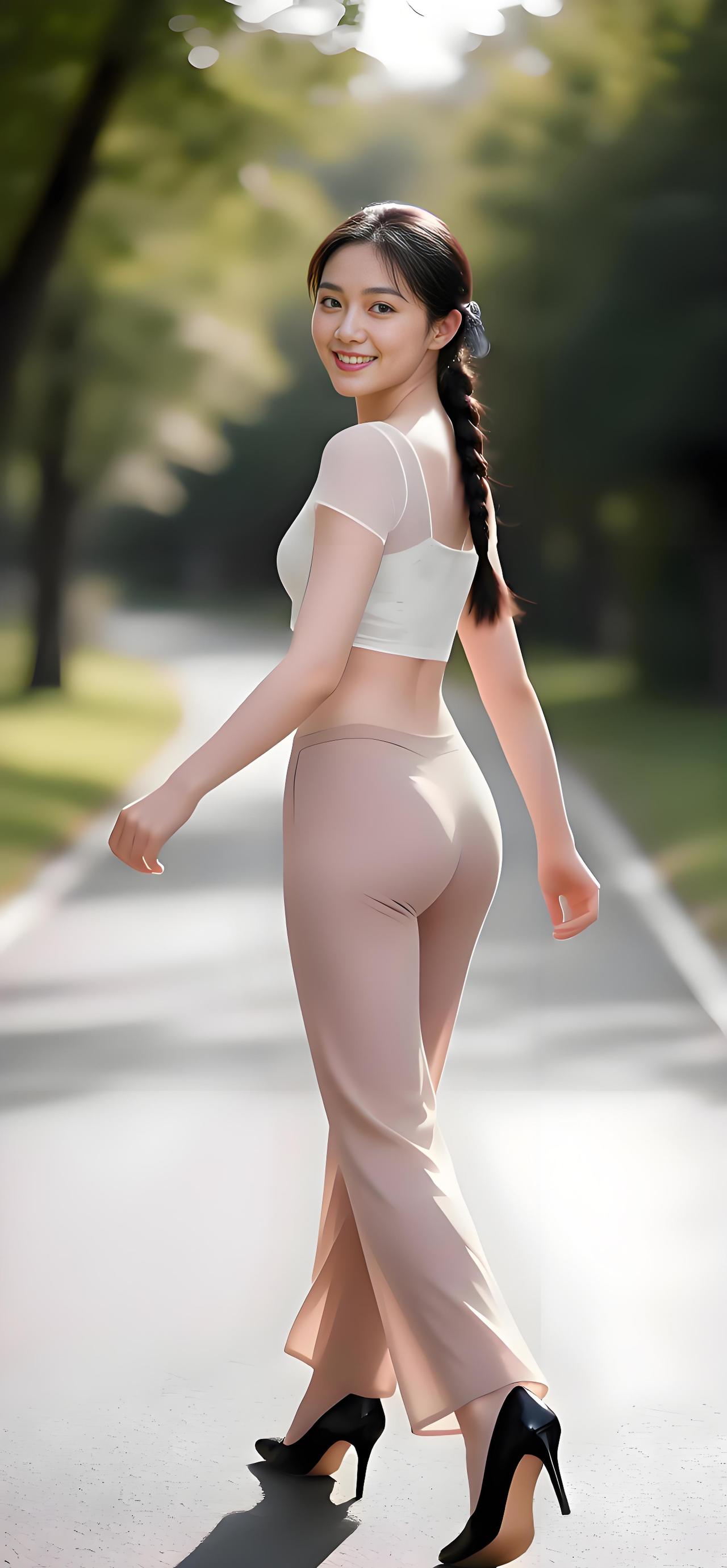 阳光小径上的她十月的晨光如金粉般洒落在幽静、整洁的小路上，树影婆娑，光影斑驳