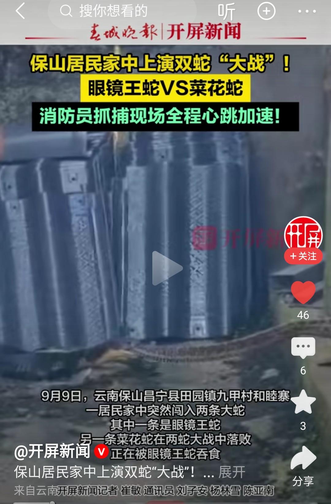 眼镜王蛇大战菜花蛇？让人目瞪口呆！9月9日，云南保山某村寨一村民家中闯进两个