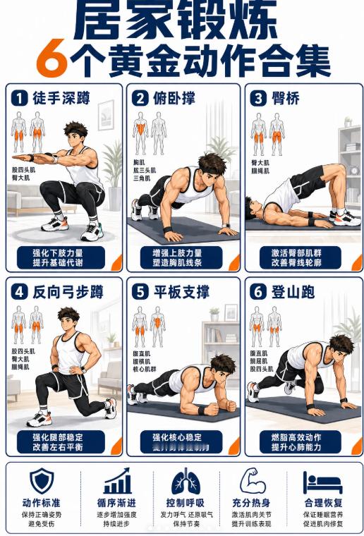 居家锻炼｜6个黄金动作这套适合没时间去健身房的新手，动作少但覆盖全面，收藏后可