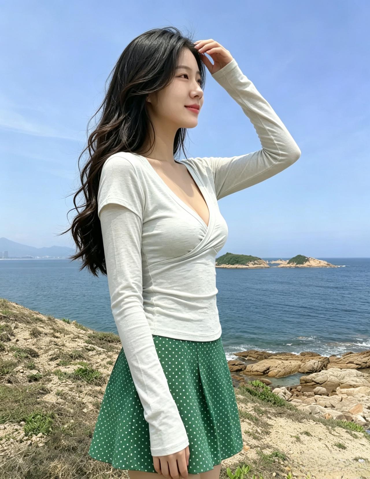 碧海青山倚翠裙，清风漫卷鬓边云。人间绝色何须画，一笑春光满乾坤。