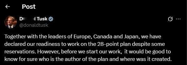 波兰总理图斯克刚刚（11月23日）在其社交媒体上发文称：“我们与欧洲、加拿大和日