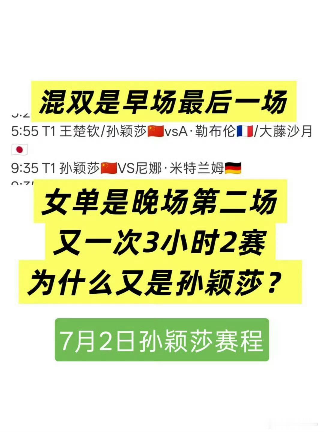 WTT美国大满贯赛程两人同样是兼单打和混双，前四天赛程安排对比:6月29号6月3