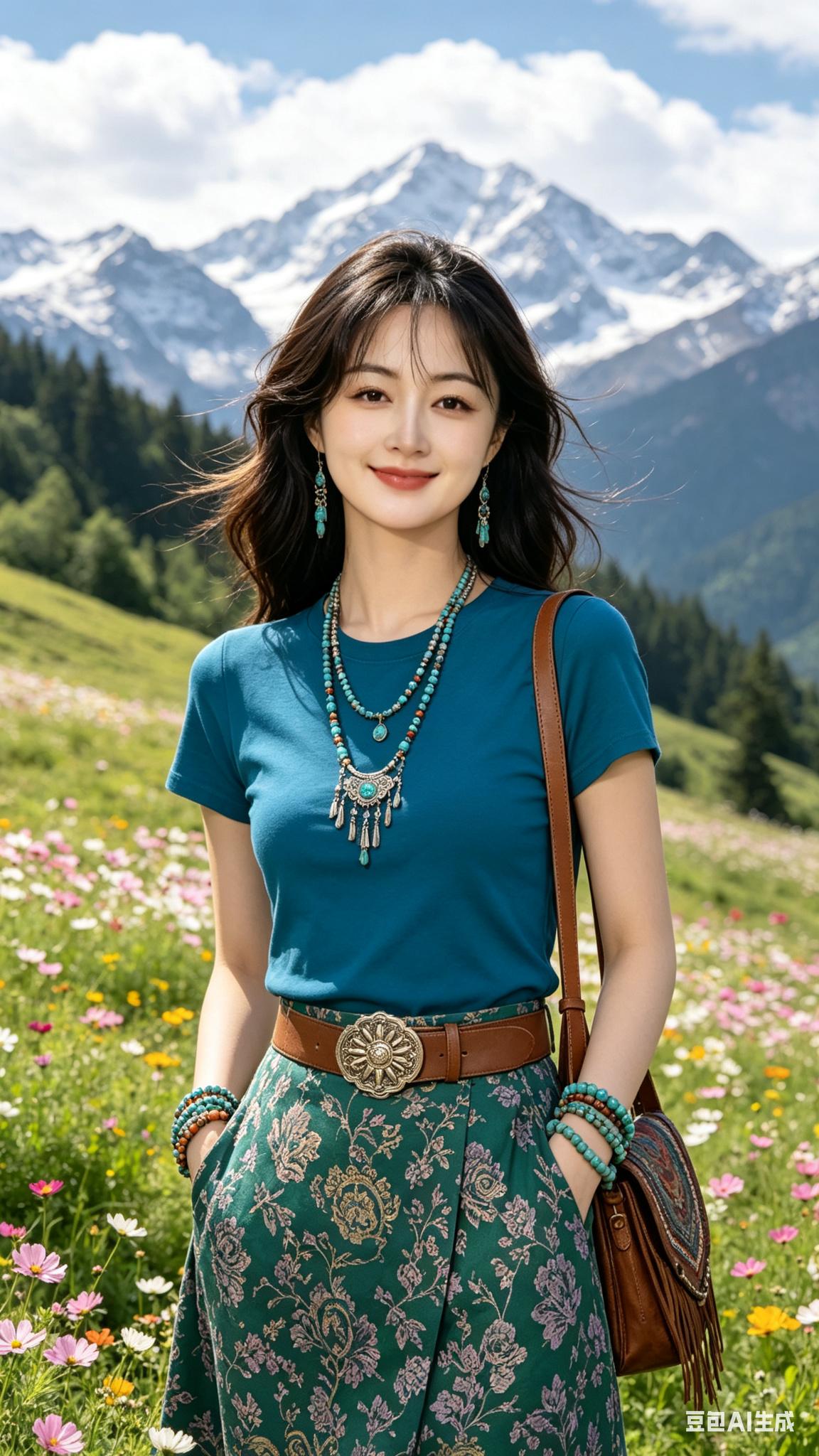 川西高原上，鹅蛋脸少女微分黑发随风轻扬，孔雀蓝藏风套装配绿松石银饰，双手插裙袋浅