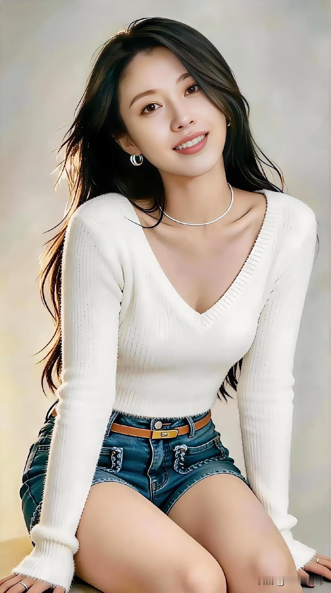 白衫似雪，针织纹理藏着温柔；牛仔短裤，磨边设计漾起随性。棕带束腰，勾勒轻
