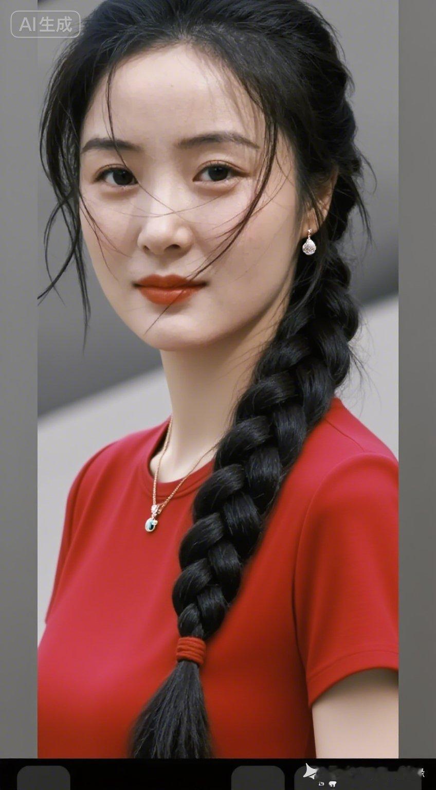 穿红色衣服，编着长辫子的女孩。