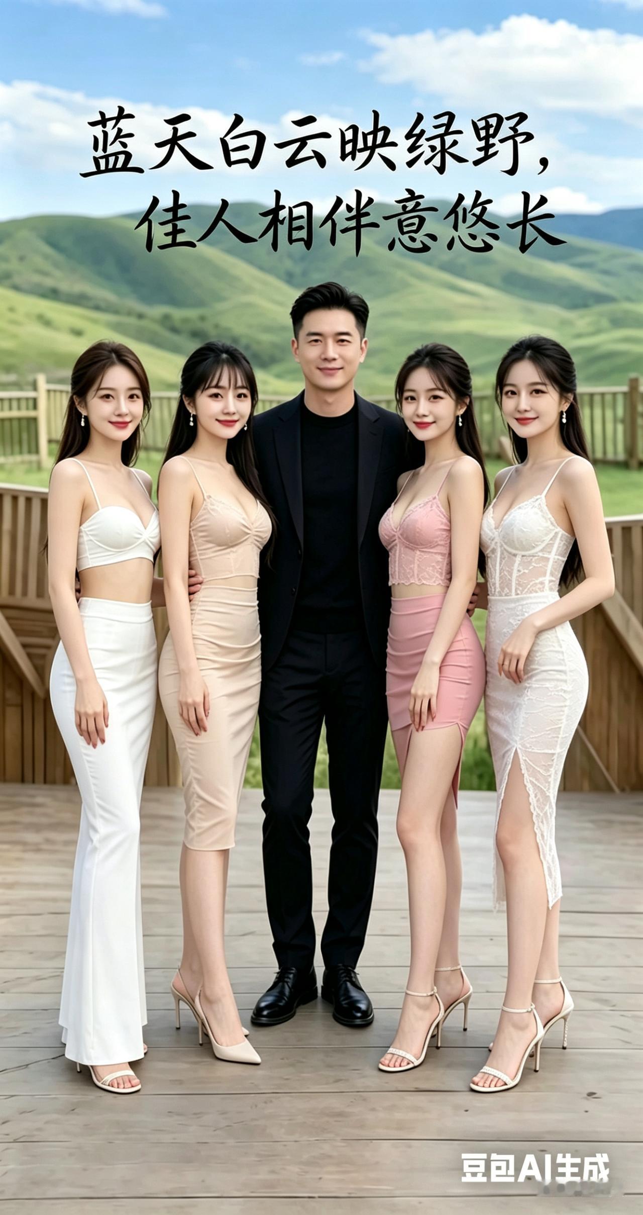 景中情今日奇景现眼前，一男四美入画间。身姿婀娜皆生韵，氛围微妙意绵绵。