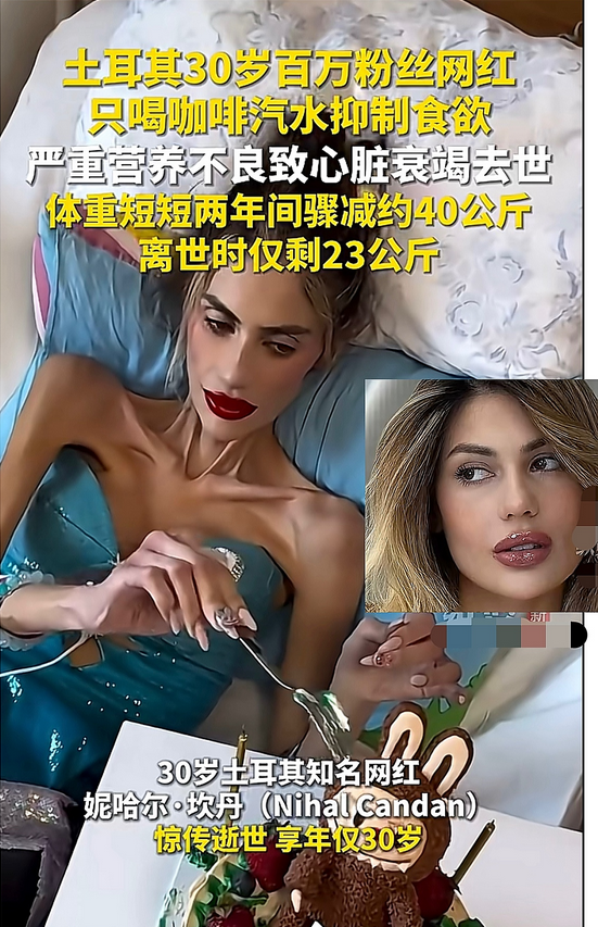 还真有人，饿死？土耳其30岁百万网红，因减肥离世时，体重仅23公斤。妮哈
