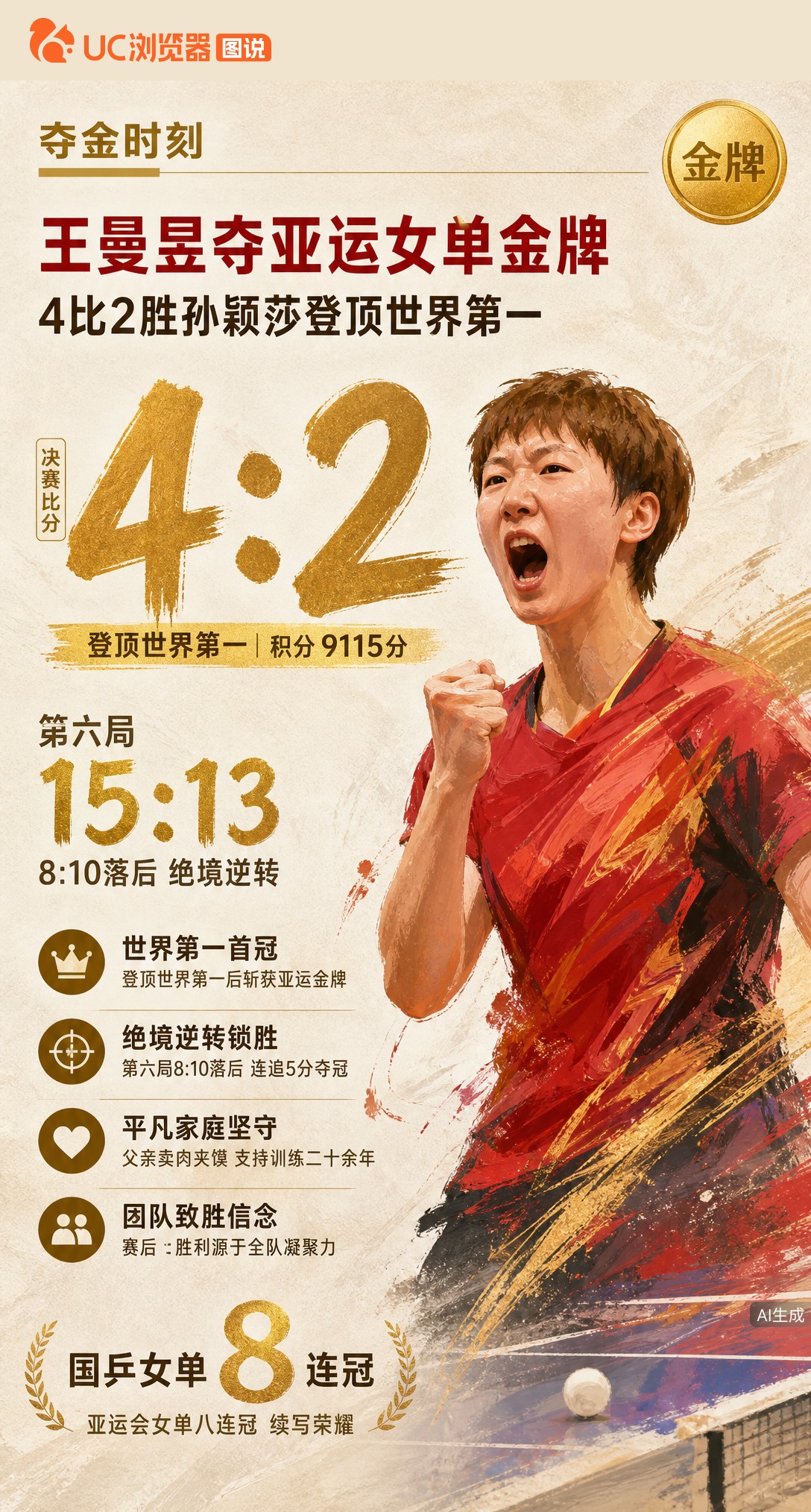 4比2胜孙颖莎！王曼昱夺亚运女单金牌，助国乒实现八连冠。第六局8-10落后连追关键分逆转，新科世界第