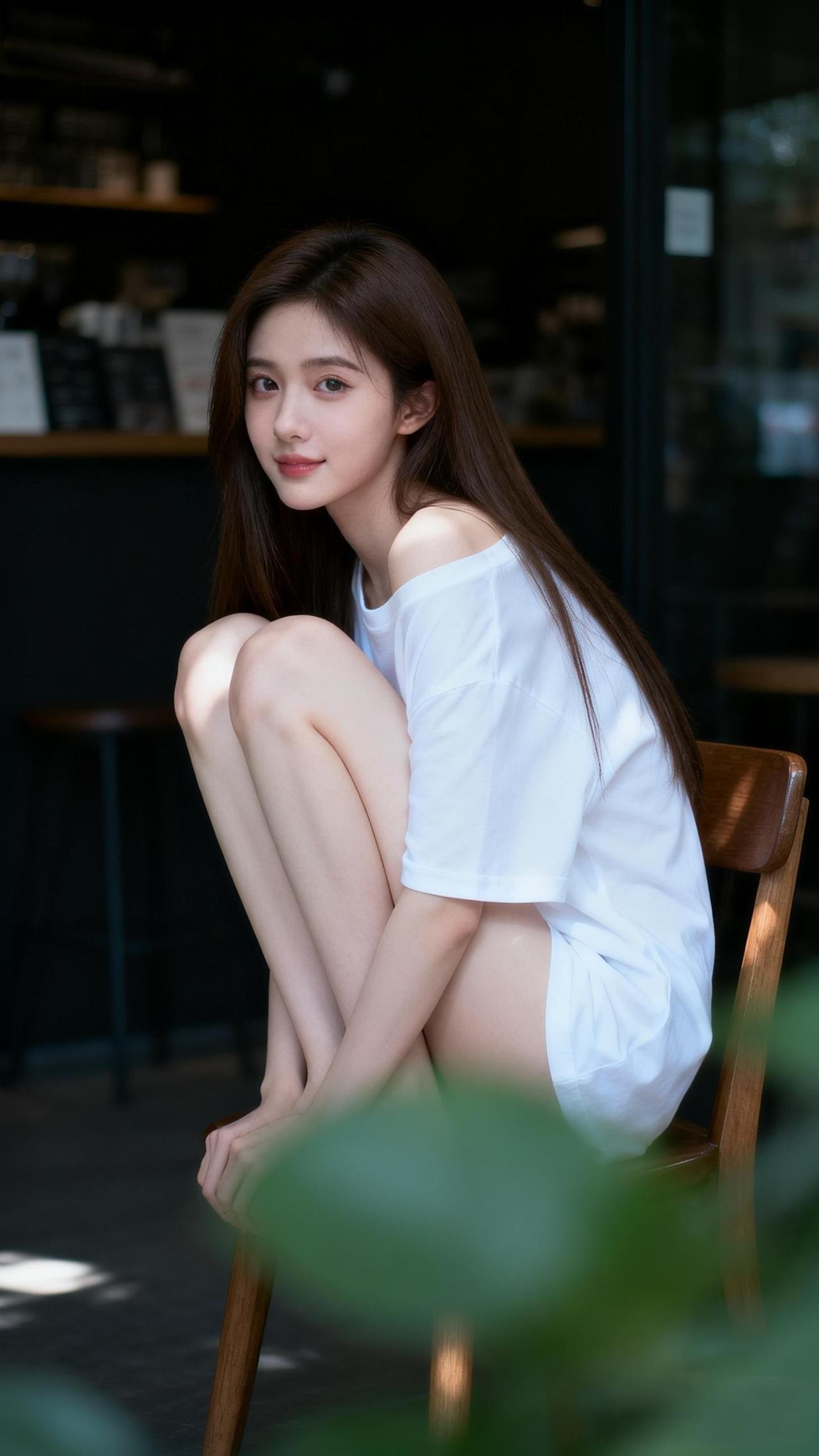阳光下的咖啡馆，甜美少女坐椅上，微笑如春风什么样的穿搭可以成为气质女神?优雅自