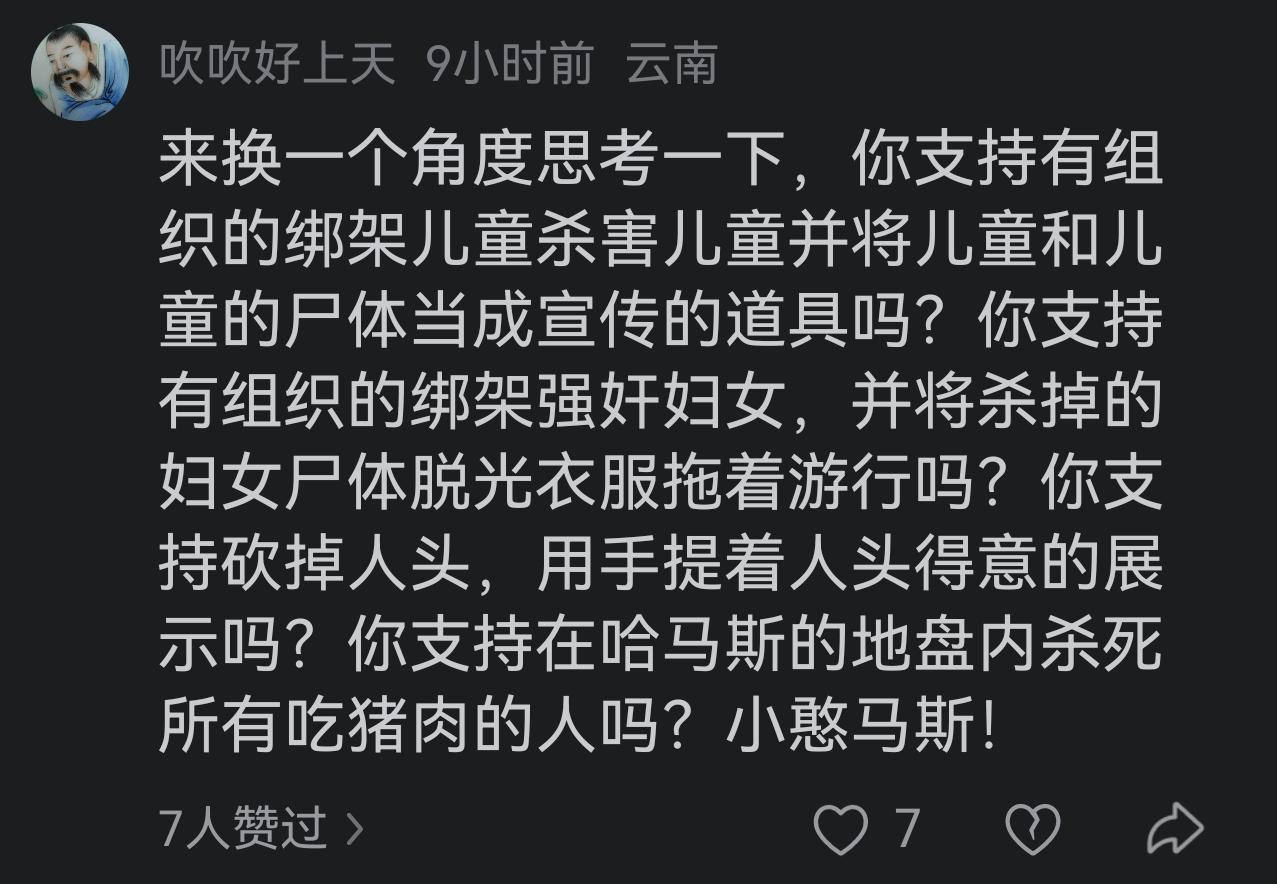 这个云南IP的网友的评论震耳欲聋，那些支持绑匪哈马斯的网民，你们知道自己支持的是