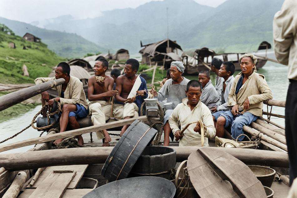 1917年，重庆长江江面，一艘传统川江木船甲板上，十余名船员挤坐在狭窄的木船甲板