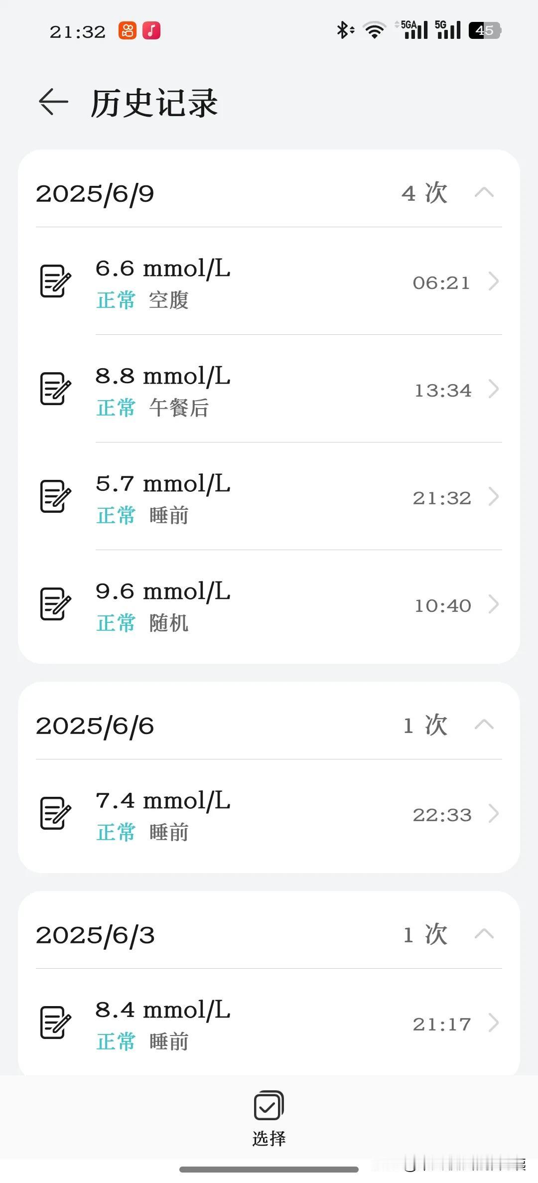 今天晚上的睡前血糖5.7，有点意外啊，这是可能是得糖尿病来测的血糖最低的一次，我