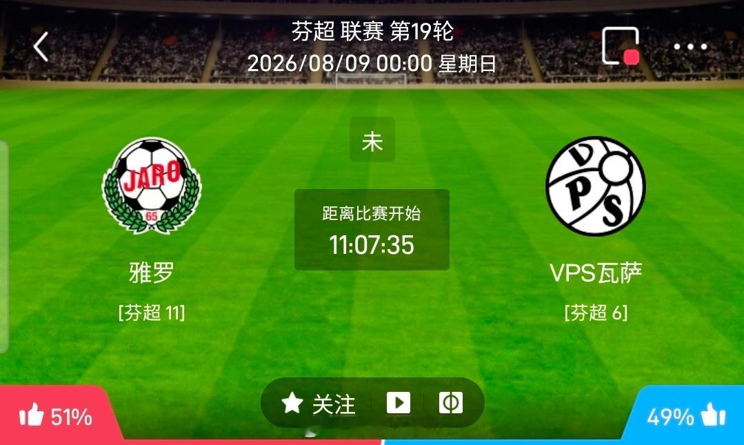 【足球】周六015芬超方向：雅罗vs瓦萨芬超：雅罗VS瓦萨时间：2026-08-