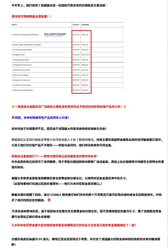 美国白银批发市场最近的真实写照，“已售罄，但无人出价”。美国多家大型贵金属交易