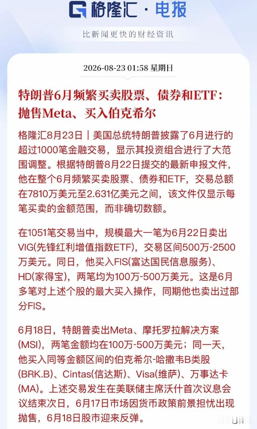 第一次听说，美国总统在职期间还可以炒股！据媒体8月23日报道：美国总统特朗普披