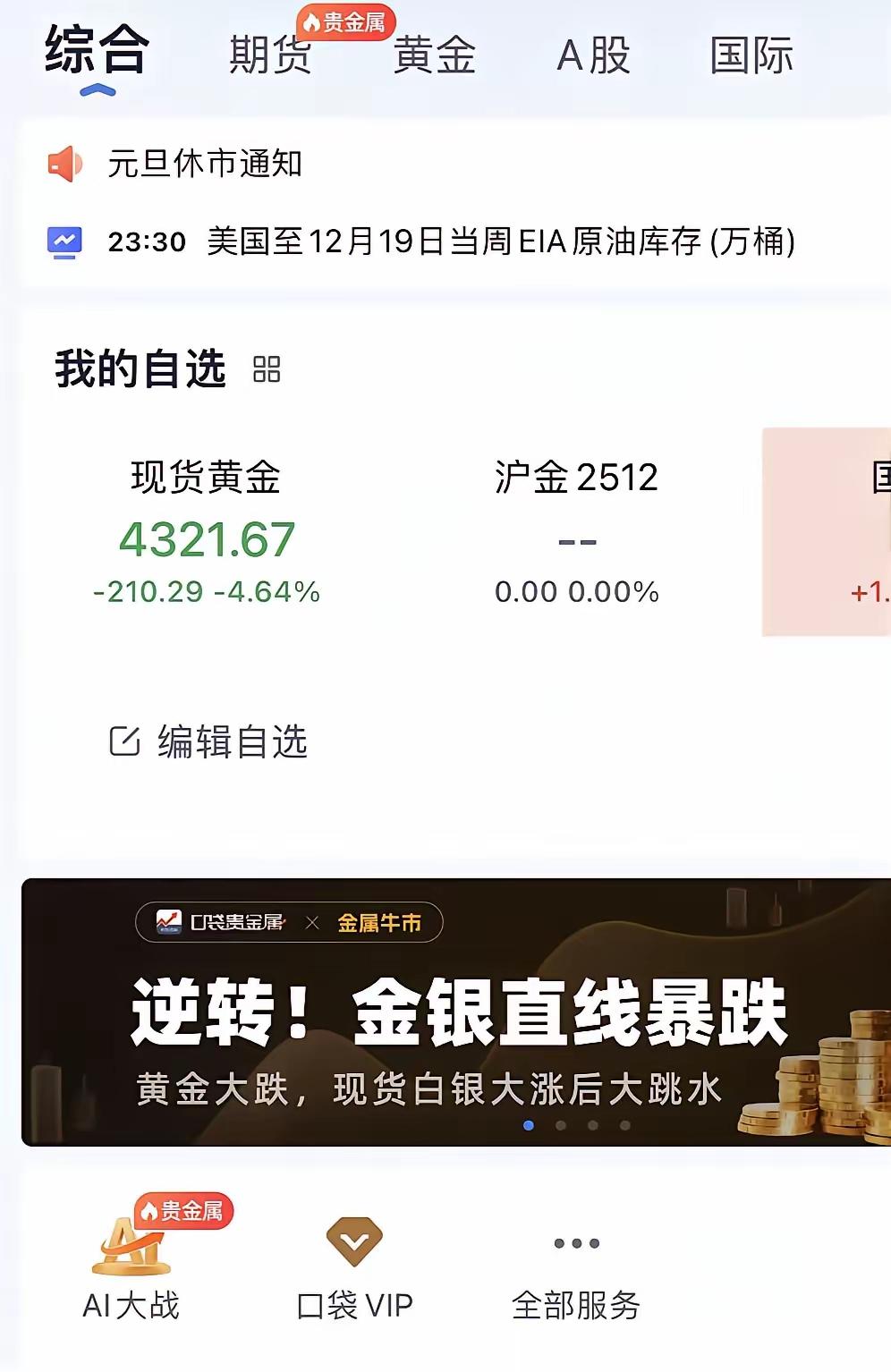 我的天！这金价跌得也太疯狂了吧？一小时就掉了两百多美金，换算成人民币，一克直接跌