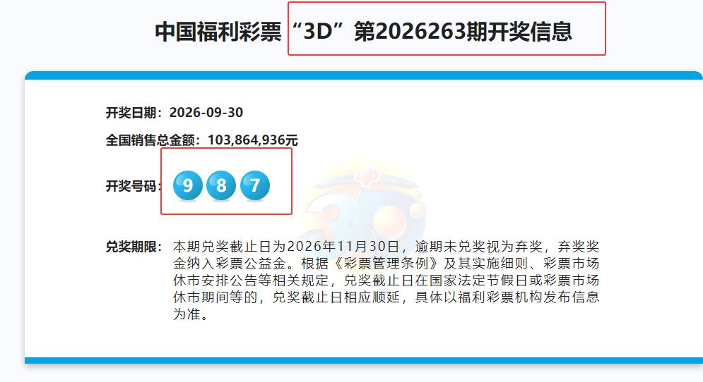 彩票3d的第26263期国庆节前开出了最大的顺子987号码组合。这次号