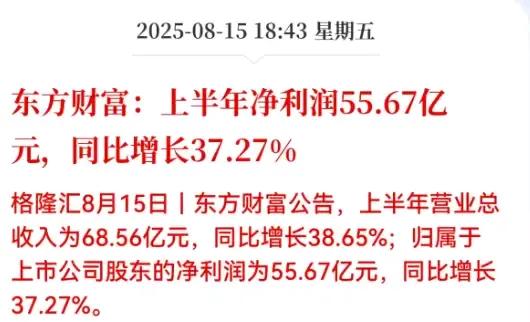 东方财富的业绩不及预期！市场普遍预期东财的半年报净利润在65～77亿之间，但是