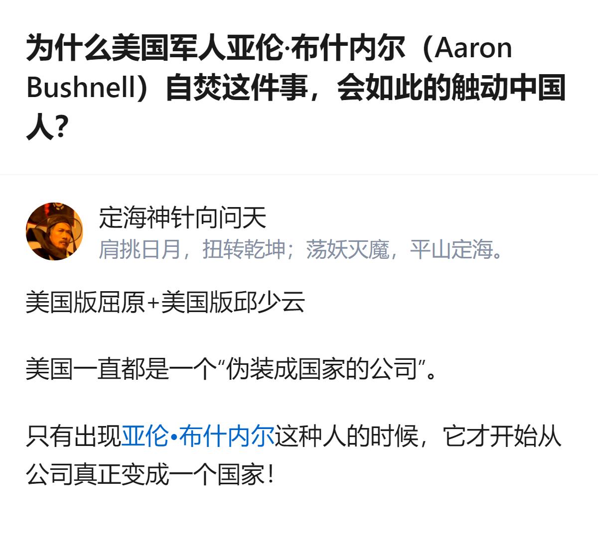 从现有信息看，针对美国军人亚伦·布什内尔自焚触动中国人的问题，相关回答将其类比为