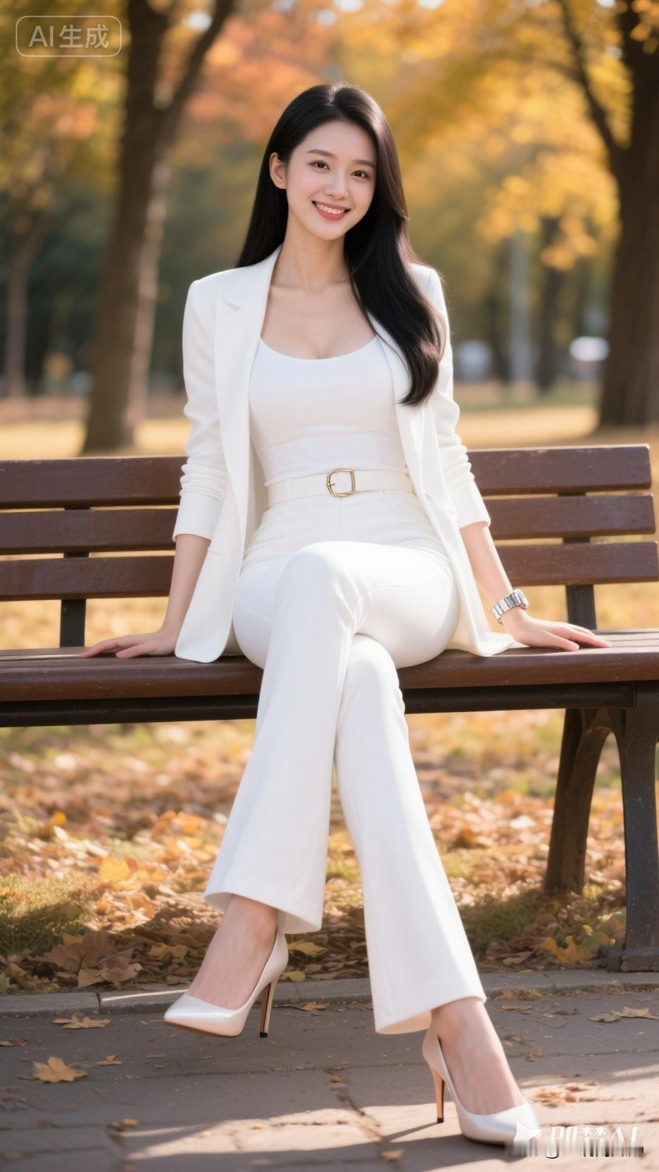 秋日暖阳下的优雅白裙，公园长椅上的迷人微笑