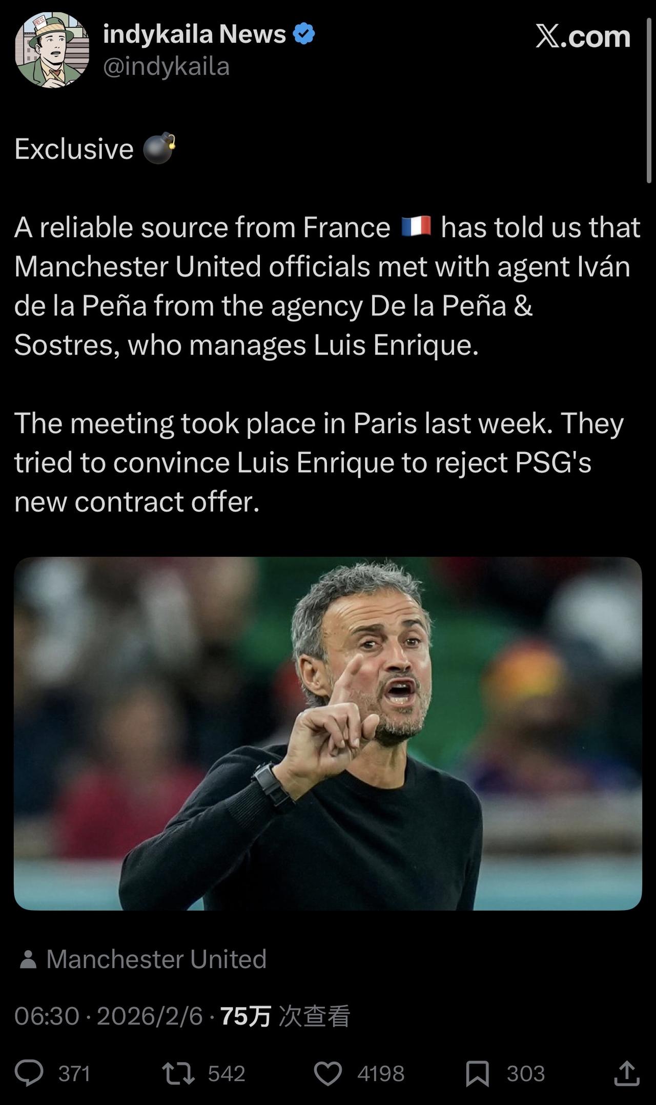 绿桶盖的消息，他说曼联试图说服恩里克不要和巴黎续约。但很多法国媒体报道是，利物