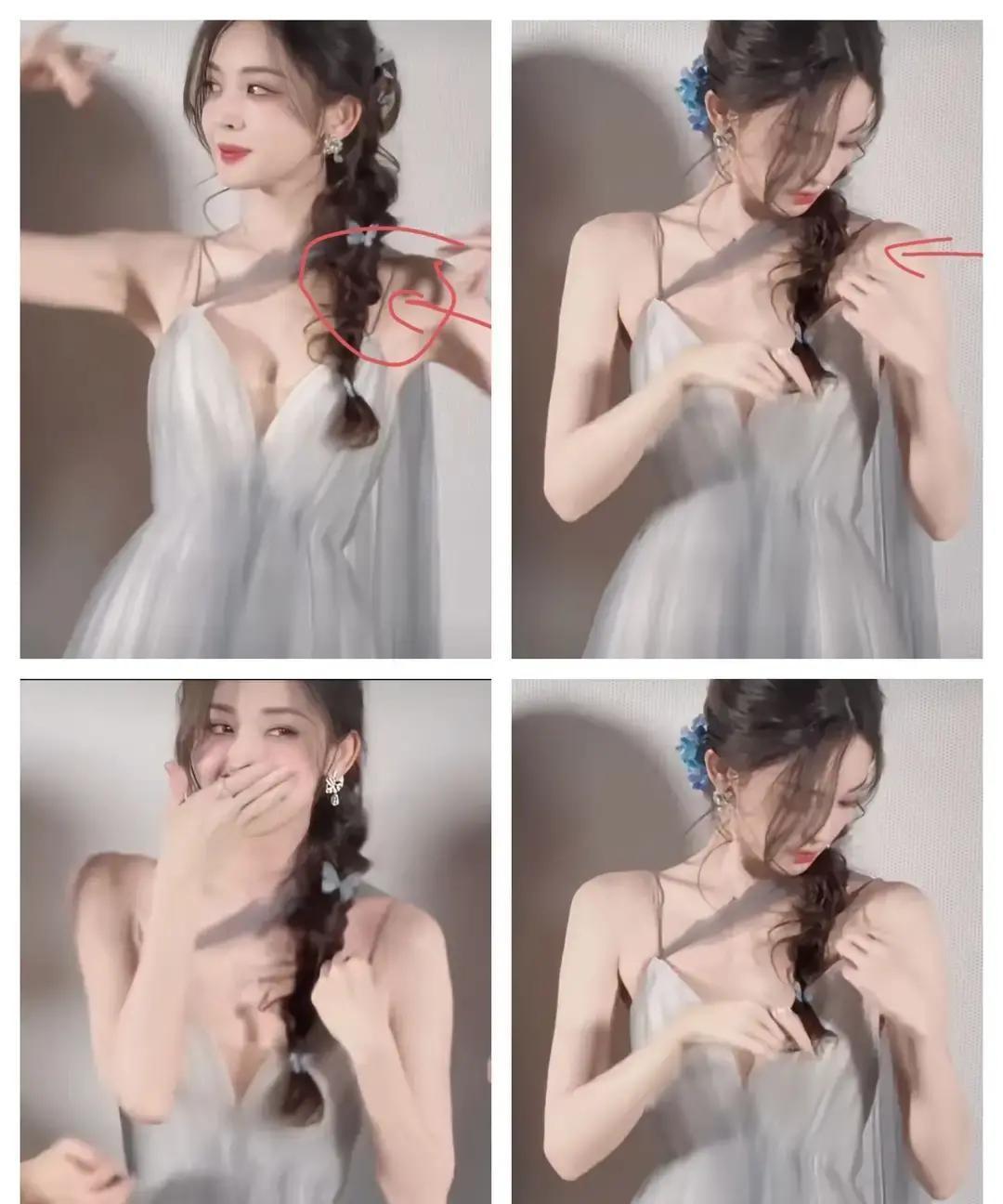 古力娜扎跳手势舞跳到一半，右肩带啪一声断了。亮片礼服往下滑，她右手一把拎住领口