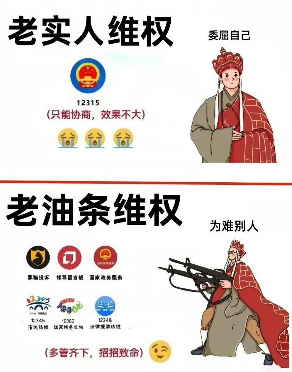 老实人和老油条维权的区别。