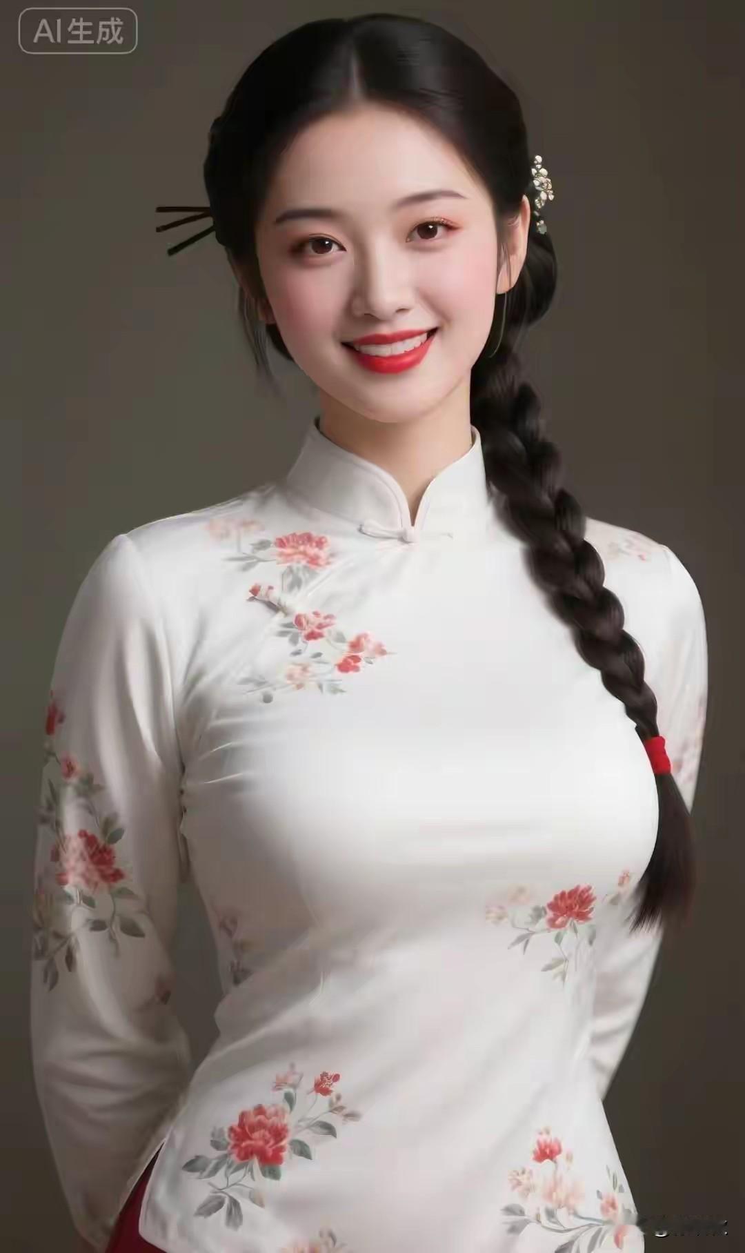 雅韵白缎裁襟立领娇，红裙曳影系丝绦。珠珰轻坠凝星目，粉面含桃更妖娆。