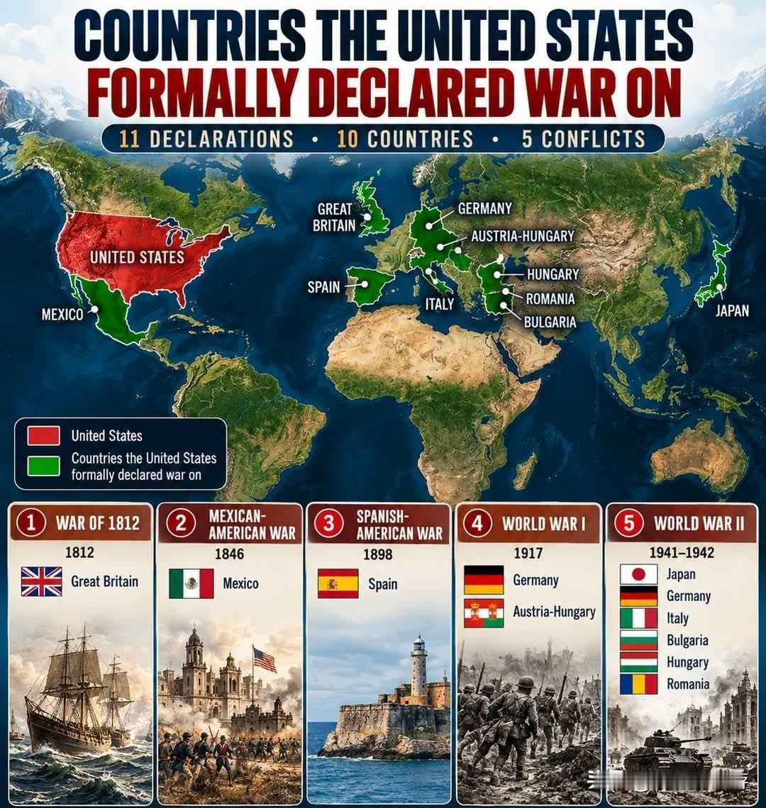 🇺🇸美国正式对哪些国家宣战？从1812年战争到第二次世界大战，美国国