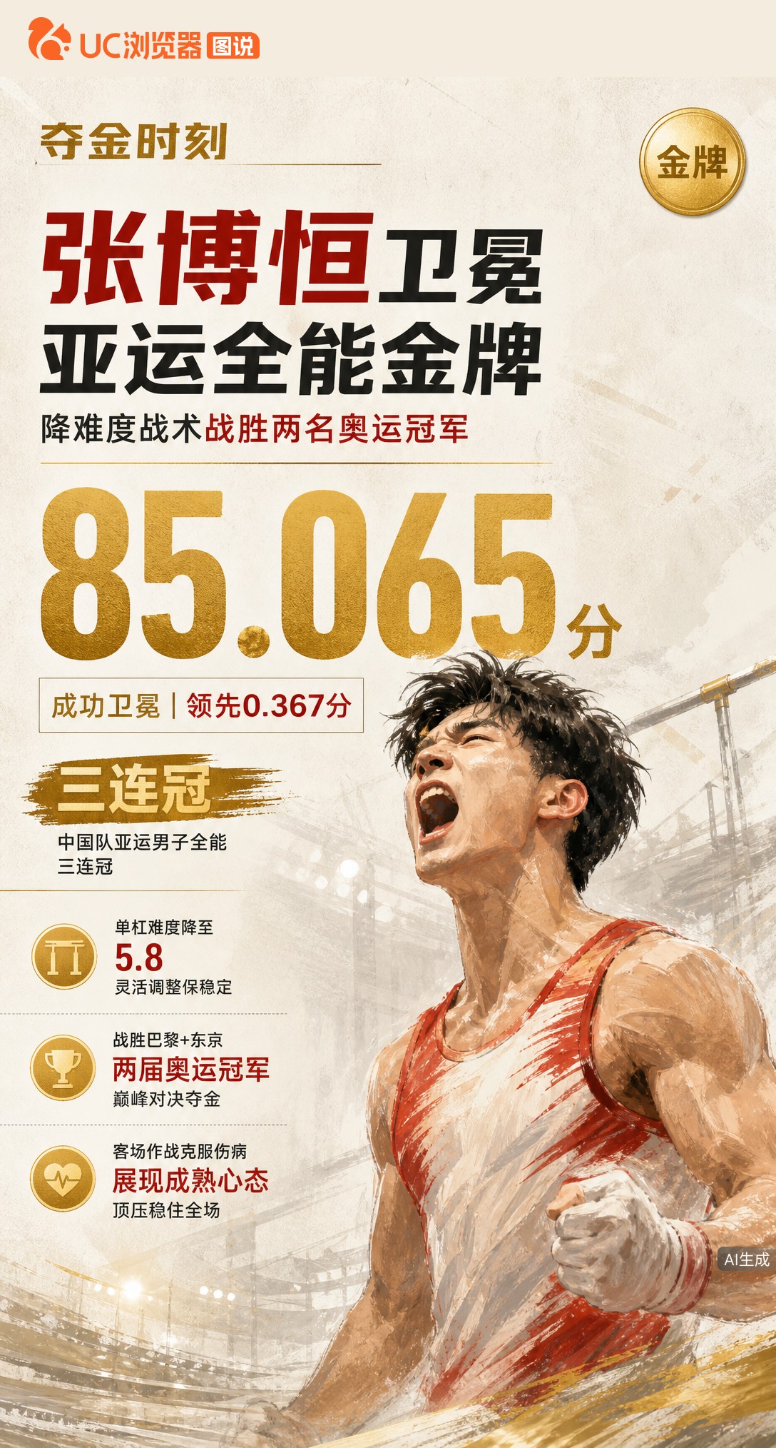 85.065分卫冕！张博恒战胜两名日本奥运冠军夺金，助中国队实现亚运男子全能三连冠。他临场降单杠难度