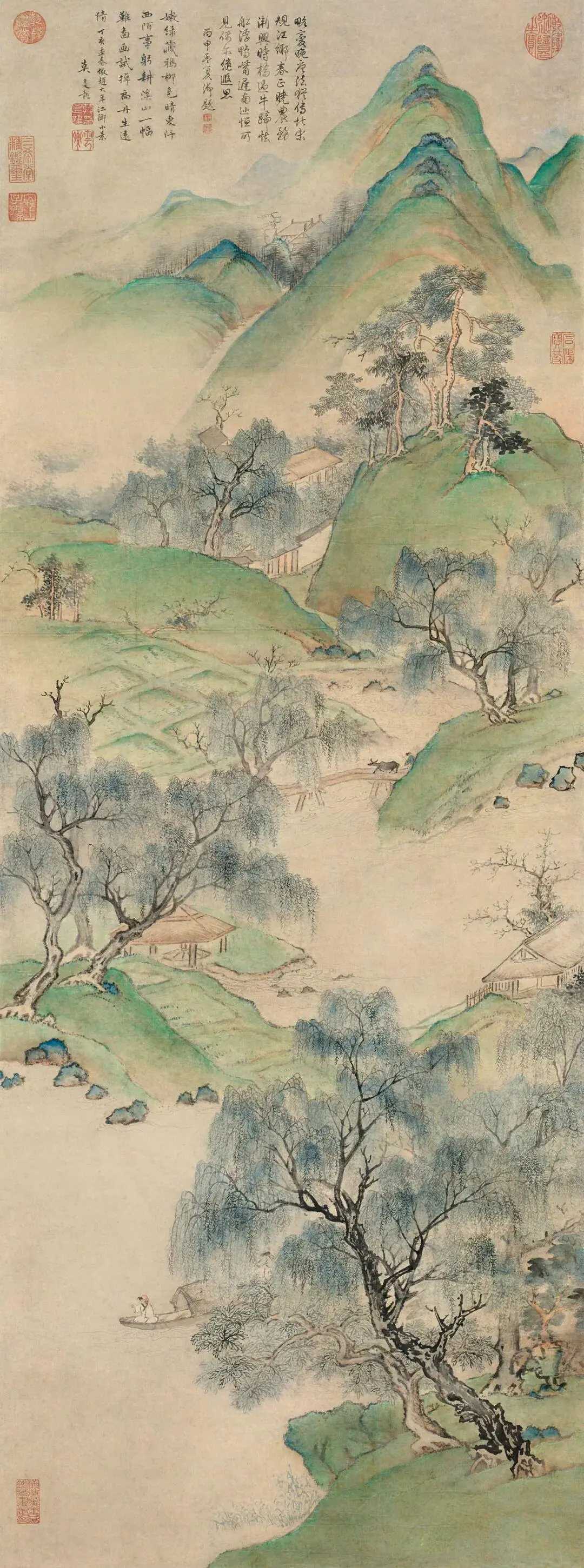 莫是龙《江乡小景》，134×49.5cm，钤印：莫是龙印、云卿。莫是龙（153