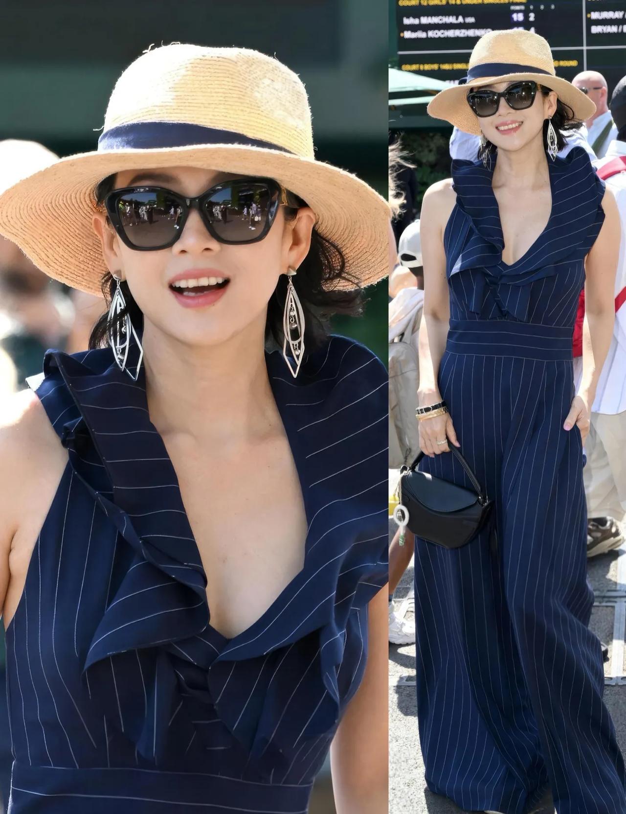 章子怡这图，终于懂“衣服是衬人的”了！换个人穿这连体裤可能会普通，但她笑里