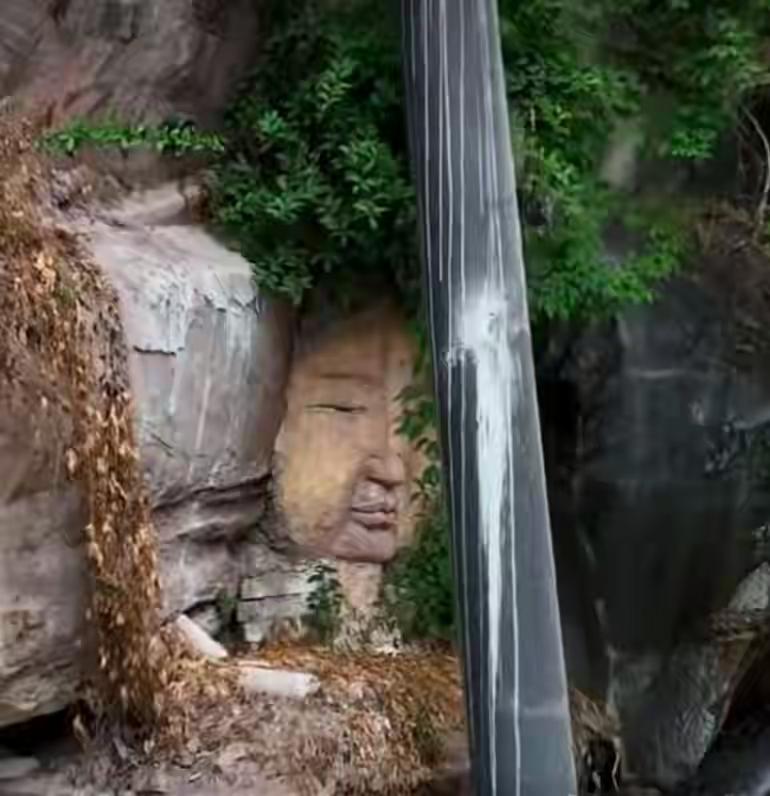 重庆江边崖壁上，有人发现了一尊佛头。藤蔓半遮，水汽浸染，乍一看真有古意。