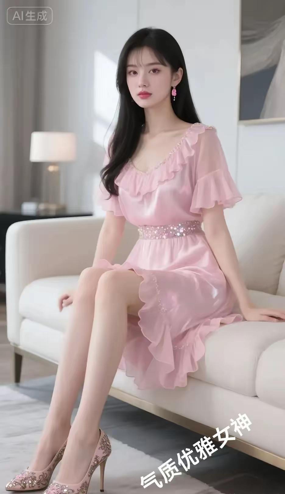 气质优雅女神，粉色连衣裙搭配高跟鞋，尽显温柔与优雅。